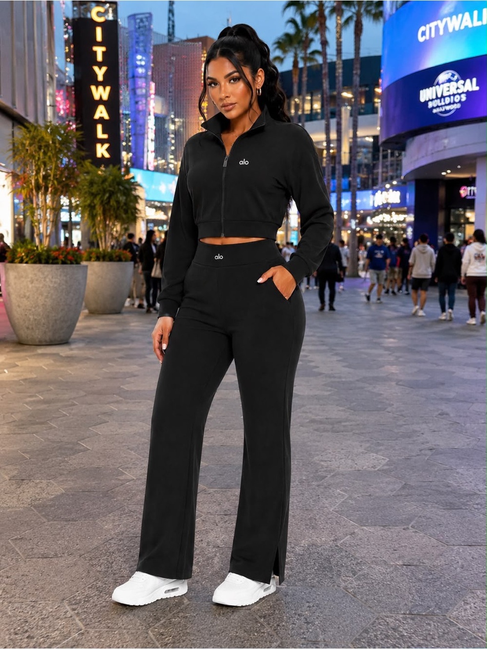 Yoga Black High-Rise Wide-Leg Track Pants with Hem Slits
